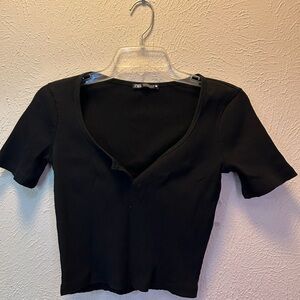 Zara Black V-Neck Ribbed Blouse